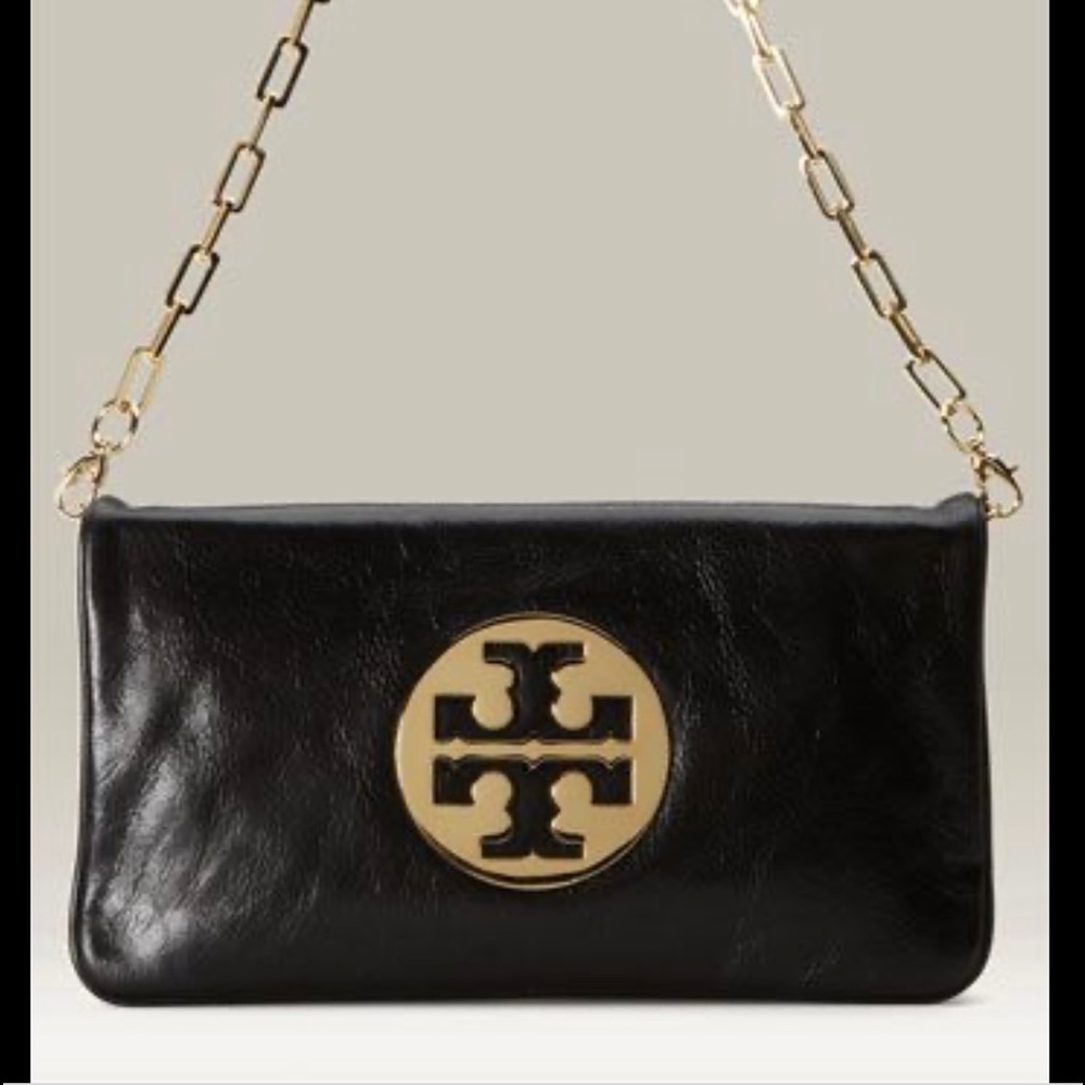 EUC Tory Burch "REVA" Gold LOGO Shoulder Bag / Clutch Black